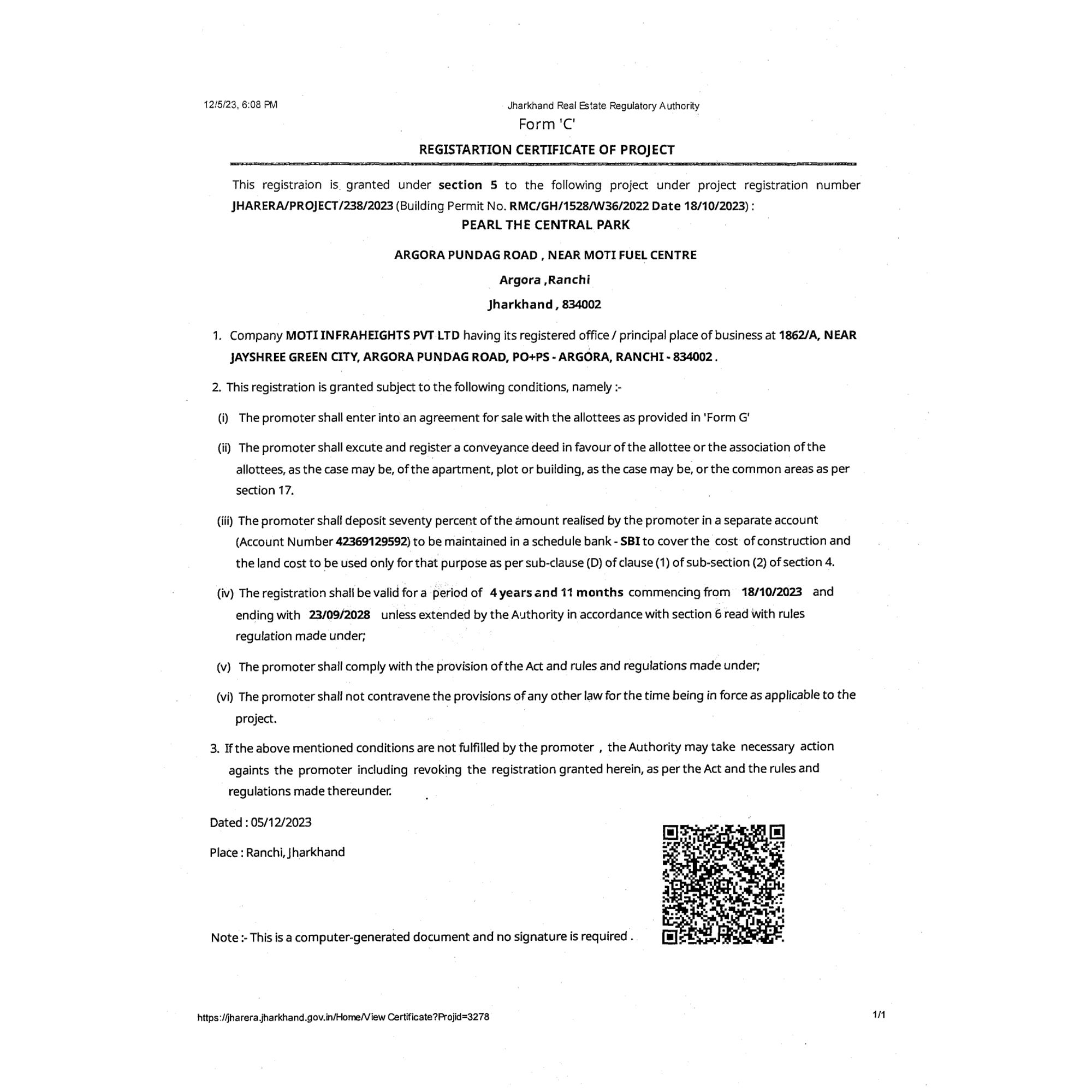 RERA  certificate of pearl the central park